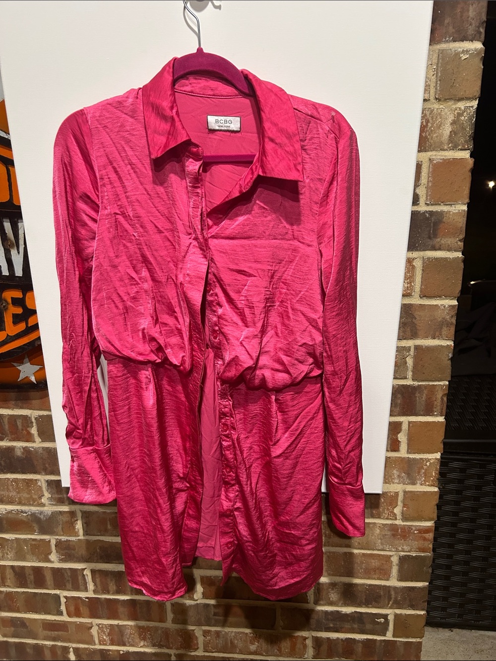 BCBG Vivid Hot Pink Satin-Look Button Down Blouse